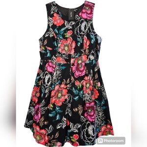 Floral Sleeveless Fit & Flare Dress - Black with Multicolor Flowers